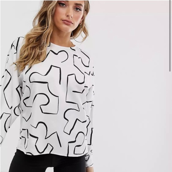 ASOS Design Batwing Sleeve Wrap Back Abstract Print White Top NEW - Picture 2 of 11